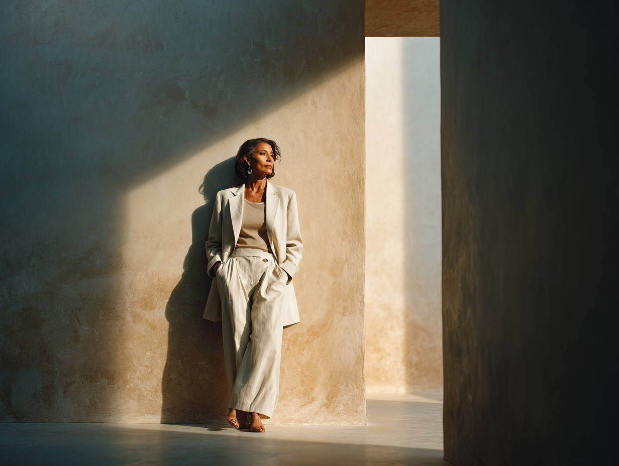 a woman leader standing in a minimalist stone sanctuary at golden hour