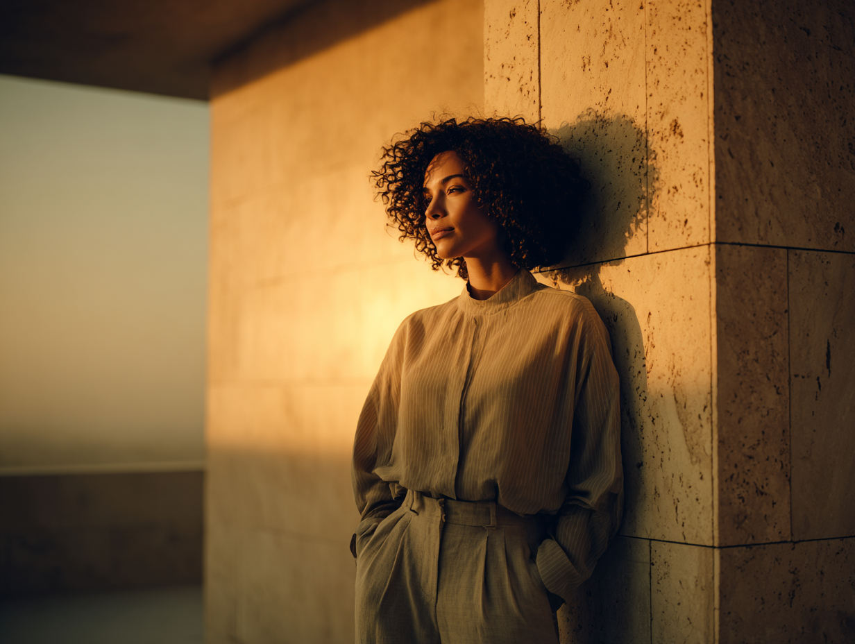 woman leader standing in a minimalist stone sanctuary 
