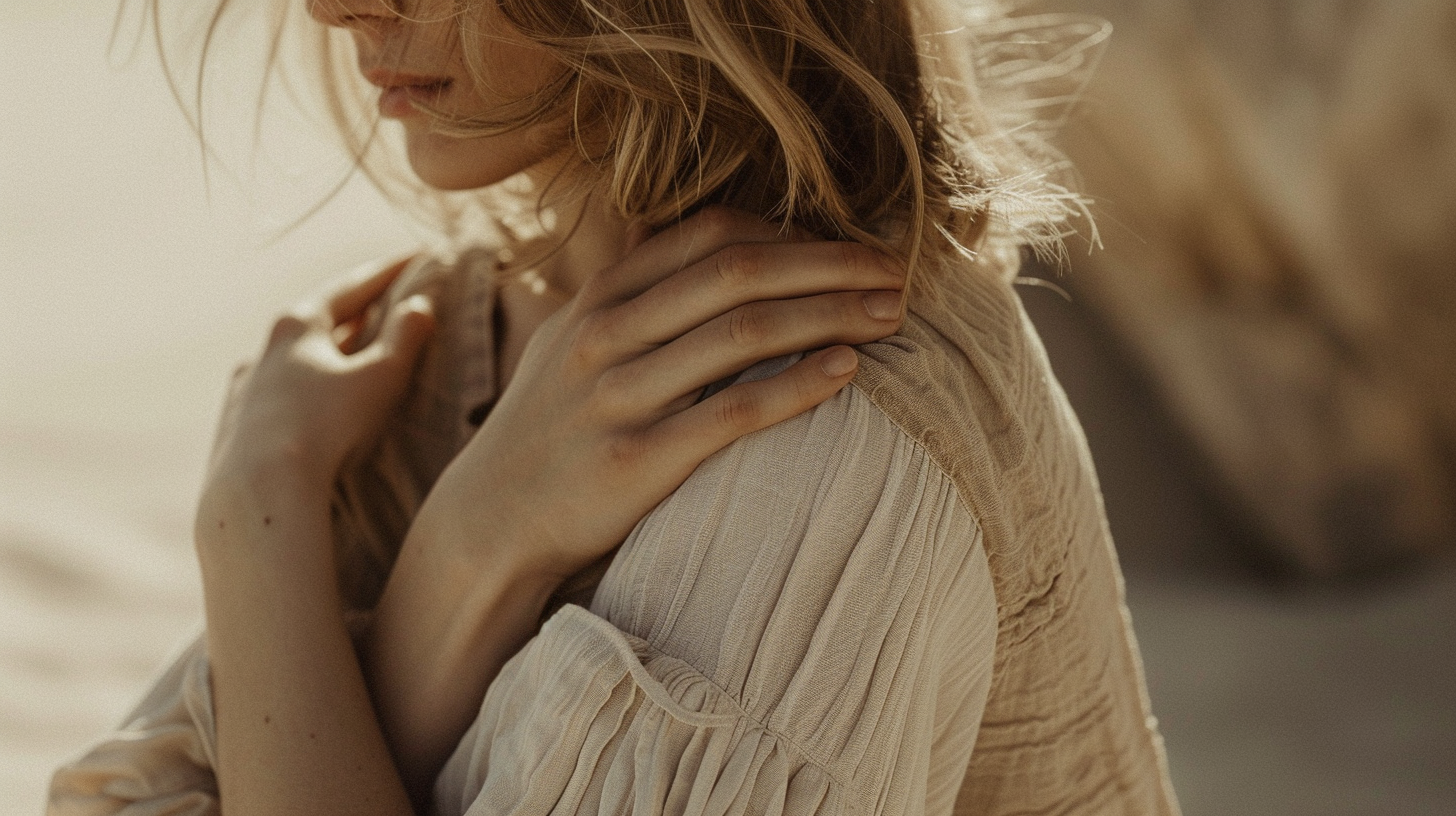 Woman holding her chest in a gentle, grounded posture, symbolizing reclaiming personal energy, boundaries, and inner strength.