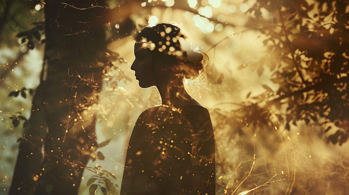 Double exposure photograph of a woman standing in an ancient forest, her silhouette revealing faint luminous threads woven through the trees and air around her