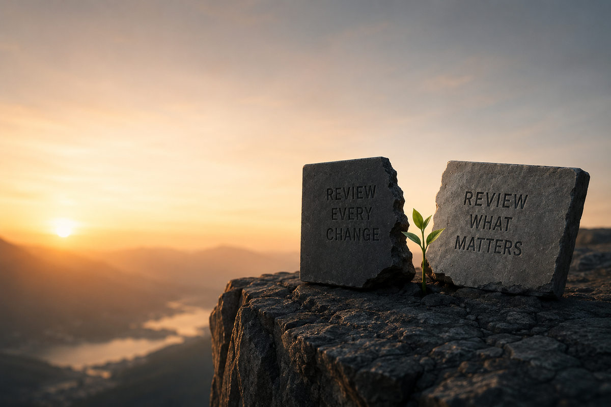 A sunrise scene showing a cracked stone monument split between the ideas “Review Every Change” and “Review What Matters,” symbolizing the evolution of code review in the AI era.