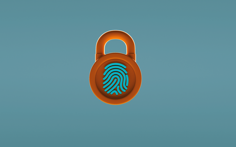 A bronze padlock with a teal fingerprint icon on its face, centered against a muted teal-gray background.