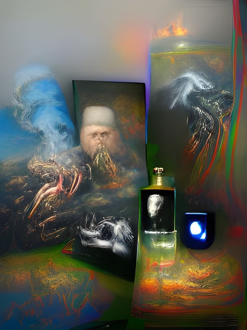 Channeled ai-generated image of figures, paintings, and other vessels in a smoky space