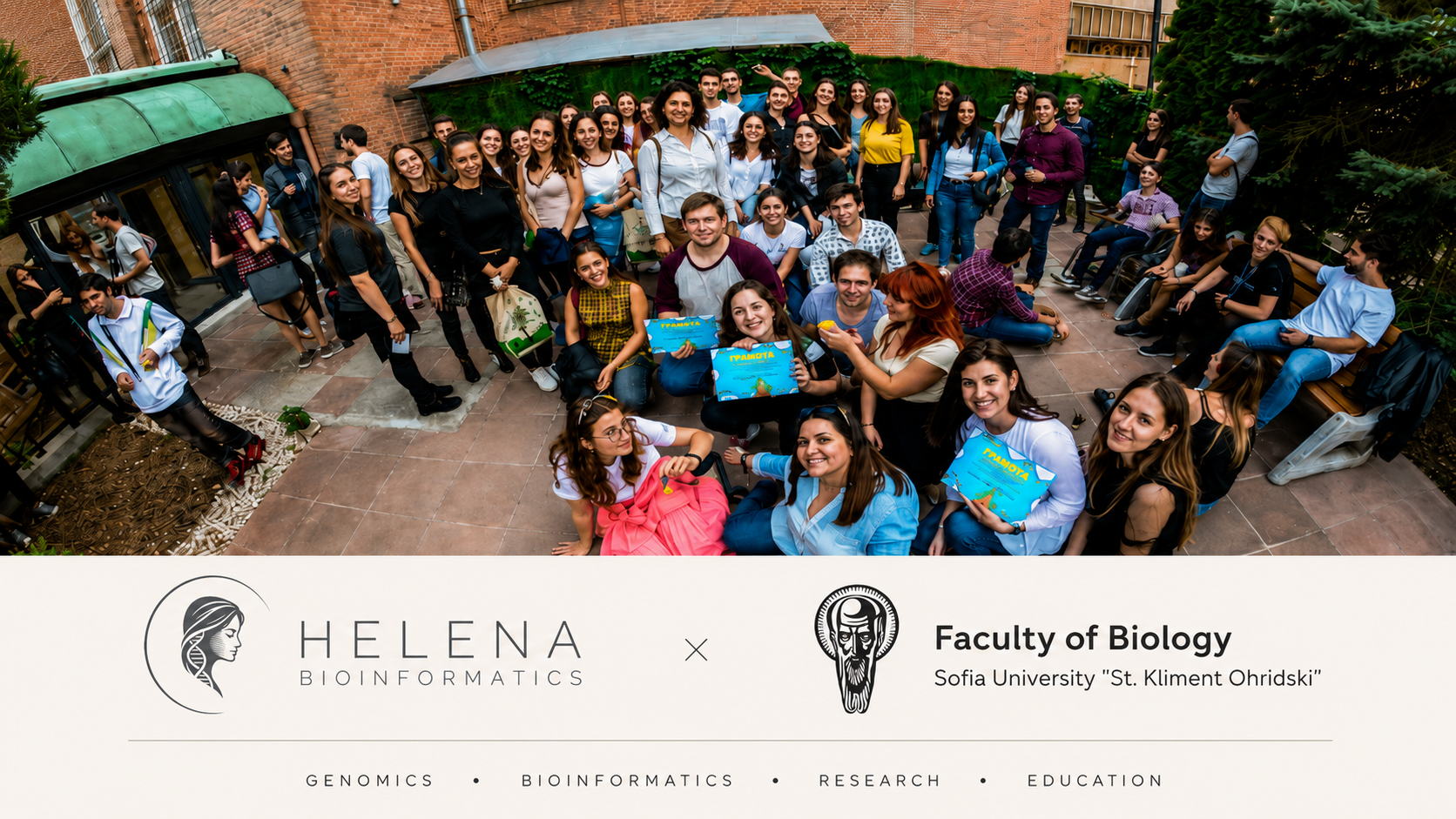 Students at Sofia University’s Faculty of Biology, pictured in the faculty courtyard.