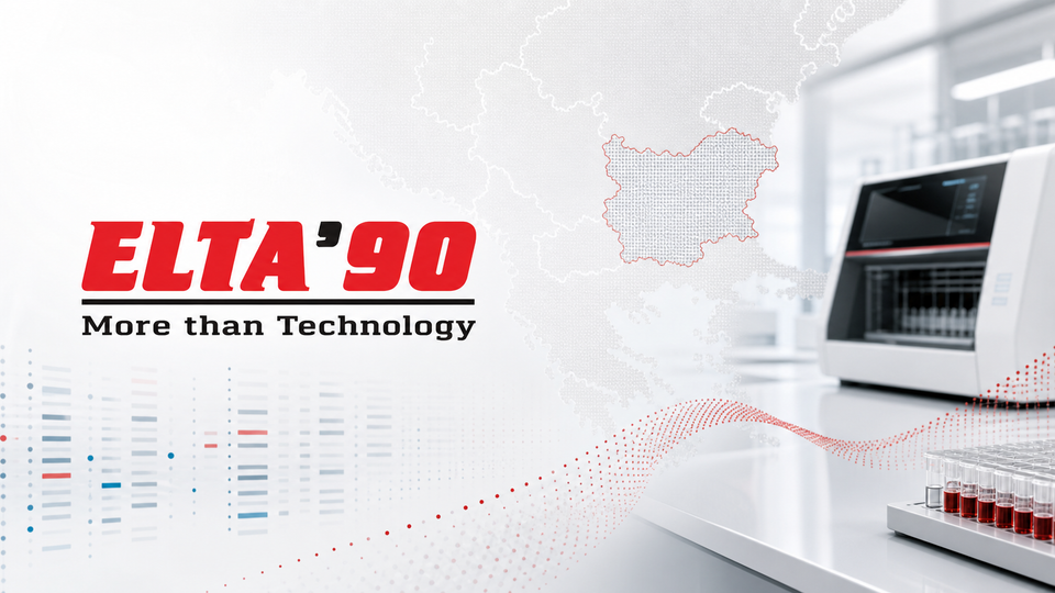 ELTA 90 logo with a laboratory genomics background and a map of Bulgaria