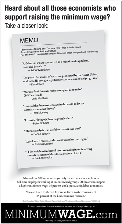Full-page ad from Employment Policies Institute, 2/27/14, NYT