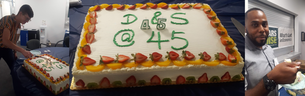 D&S co-editor Liz Henderson cuts the cake; D&S collective member Cadwell Turnbull enjoys the cake.