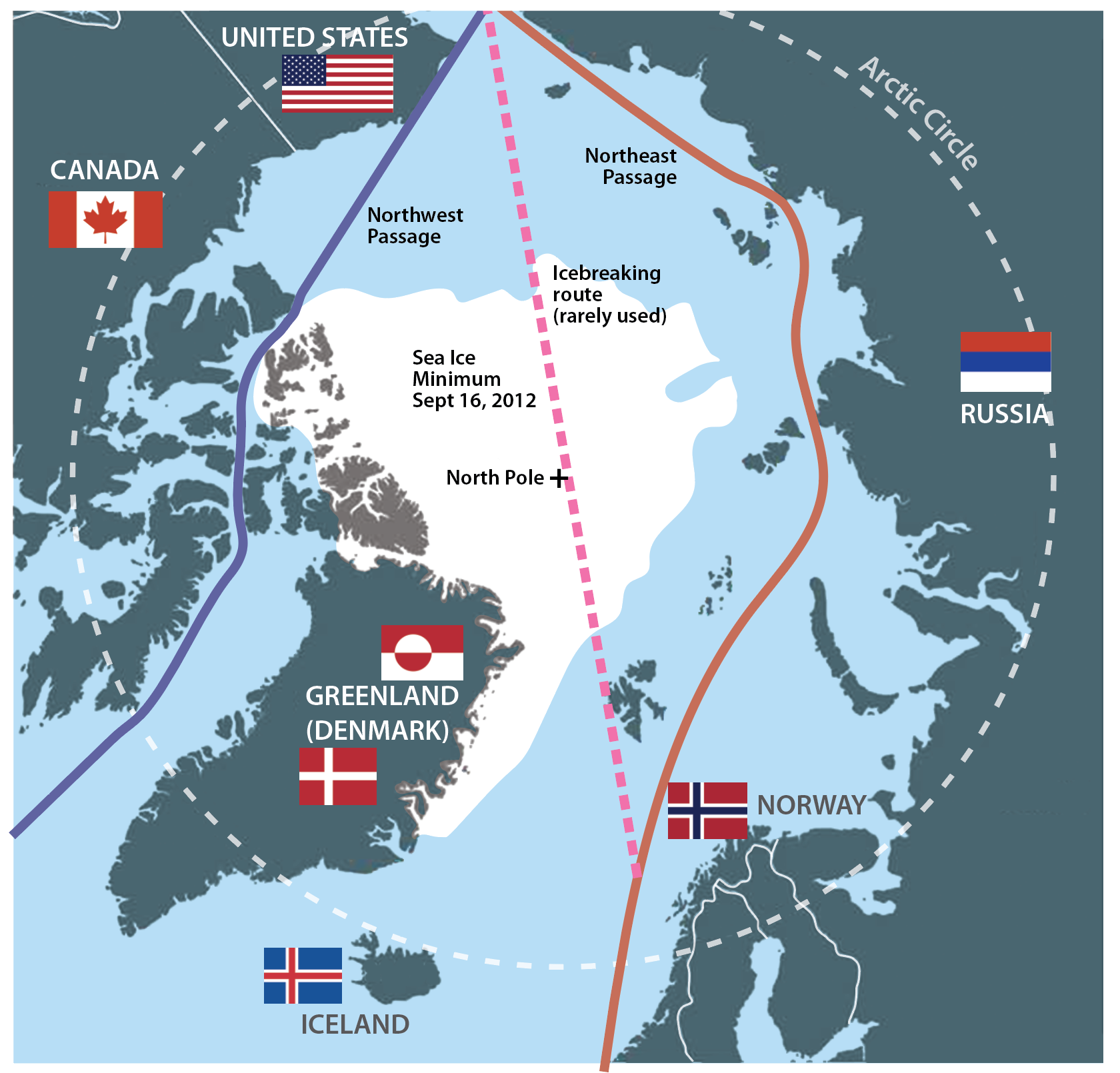 Map showing Greenland and the Arctic Sea and proximity to Norway, Russia, Canada, and Iceland. Map credit:  Eben Rose.