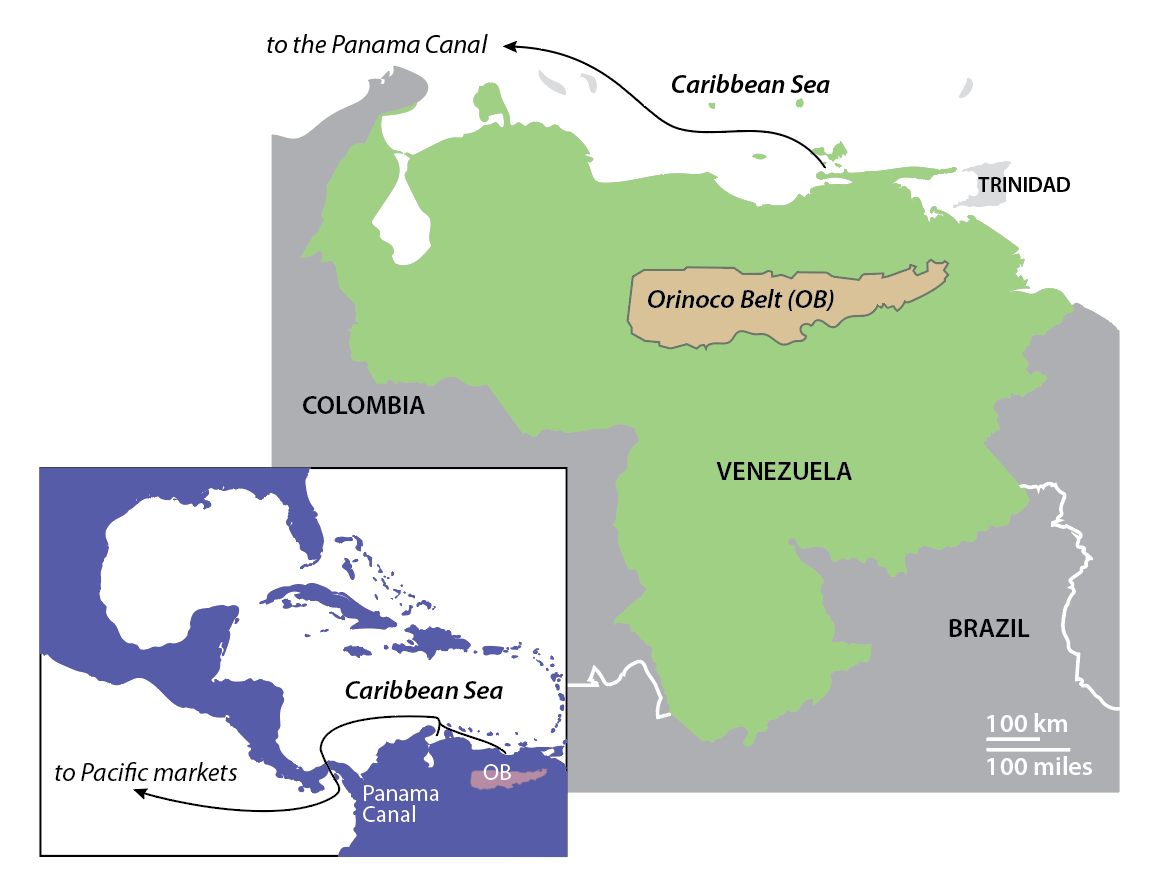 A map of Venezuela showing the Orinoco Belt, with an inset showing proximity to the Panama Canal. Map credit:  Eben Rose