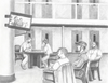 Pencil drawing by Eric Lynch of incarcerated men watching TV and playing chess in a common area of a prison. 