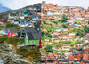Houses on the coast in Nuuk, Greenland, Aug. 26, 2019 (Amanda Anderson, via Flickr, CC BY 2.0 license); houses in Petare, Caracas, Venezuela, Oct. 26, 2013 (Wilfredor, public domain).