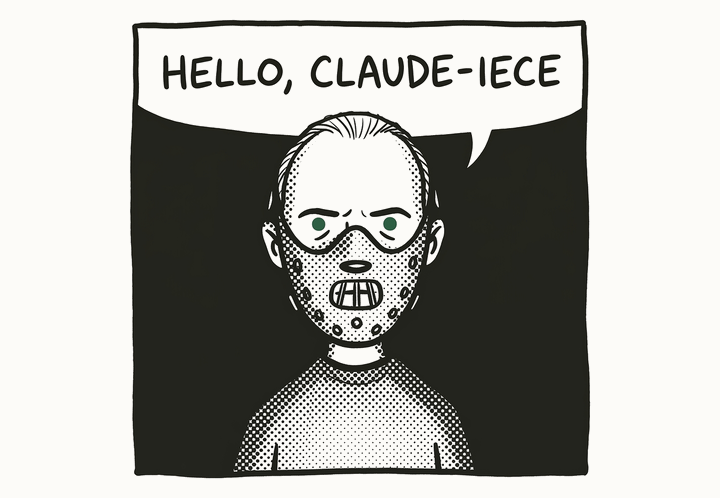 A figure in a restraining mask saying "Hello, Claude-iece."