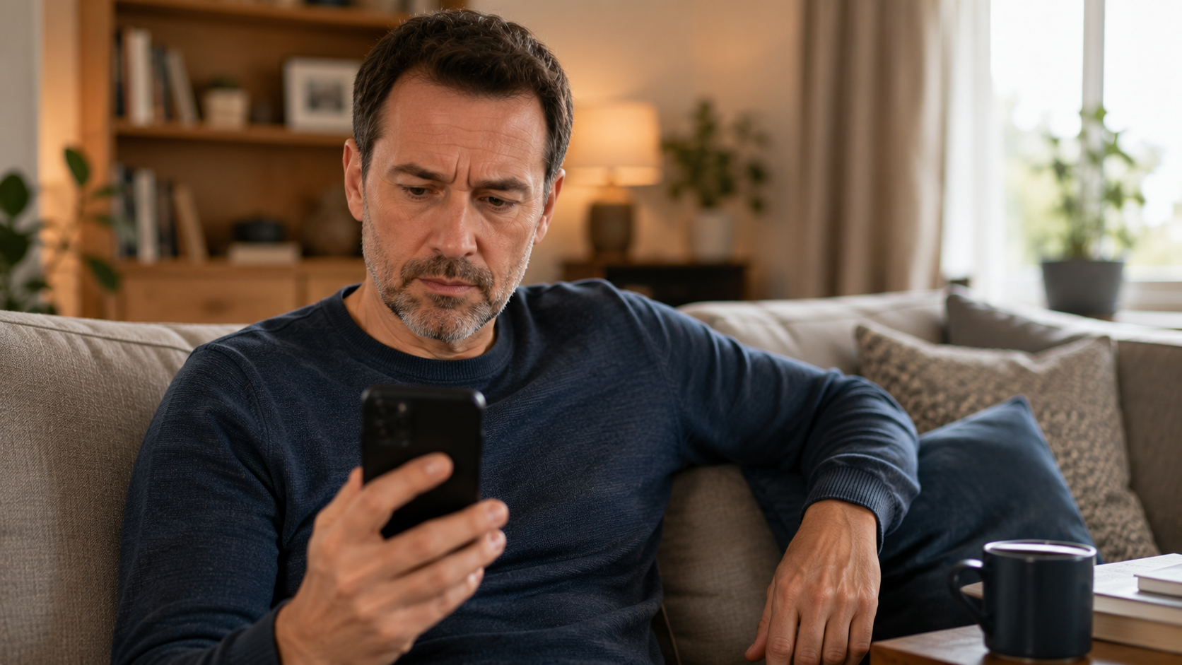 A middle-aged man sits in a cozy living room, looking at his smartphone with a focused expression, illustrating phone number location tracking.