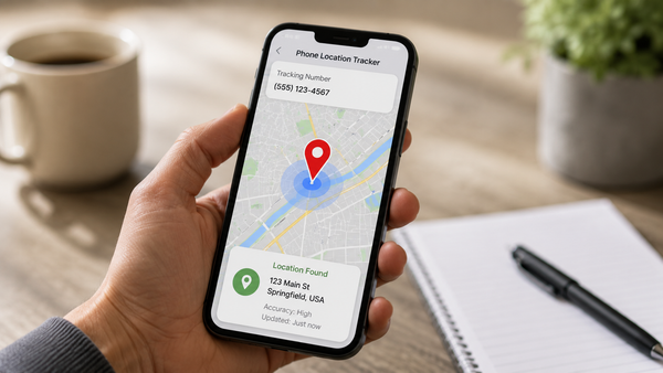 A hand holds a smartphone displaying a location map with a pin in a bright home workspace, illustrating phone number location tracking.