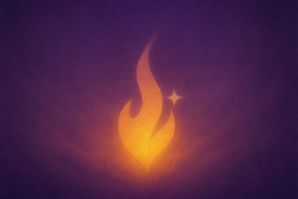 Flame and star illustration fading from yellows to purple