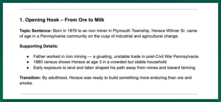 Example of the thread step showing an outline for the opening paragraph of a chronicle.