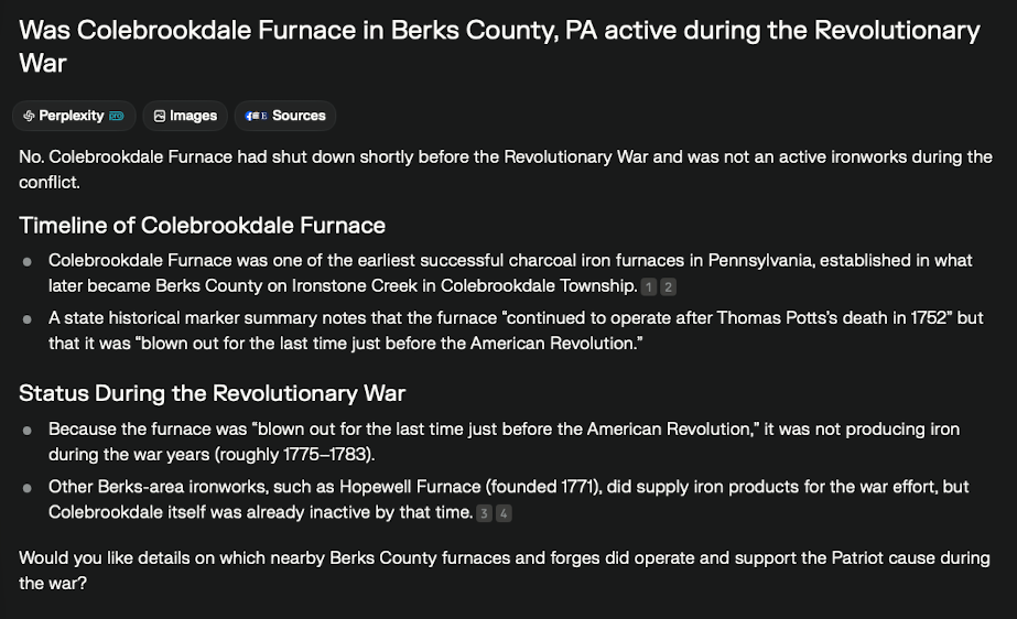 Screenshot showing results of Perplexity search for Colebrookdale Furnace.