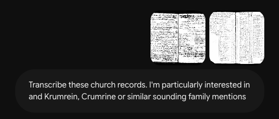 Screenshot of Gemini chat with two German church records and a request for transcription.