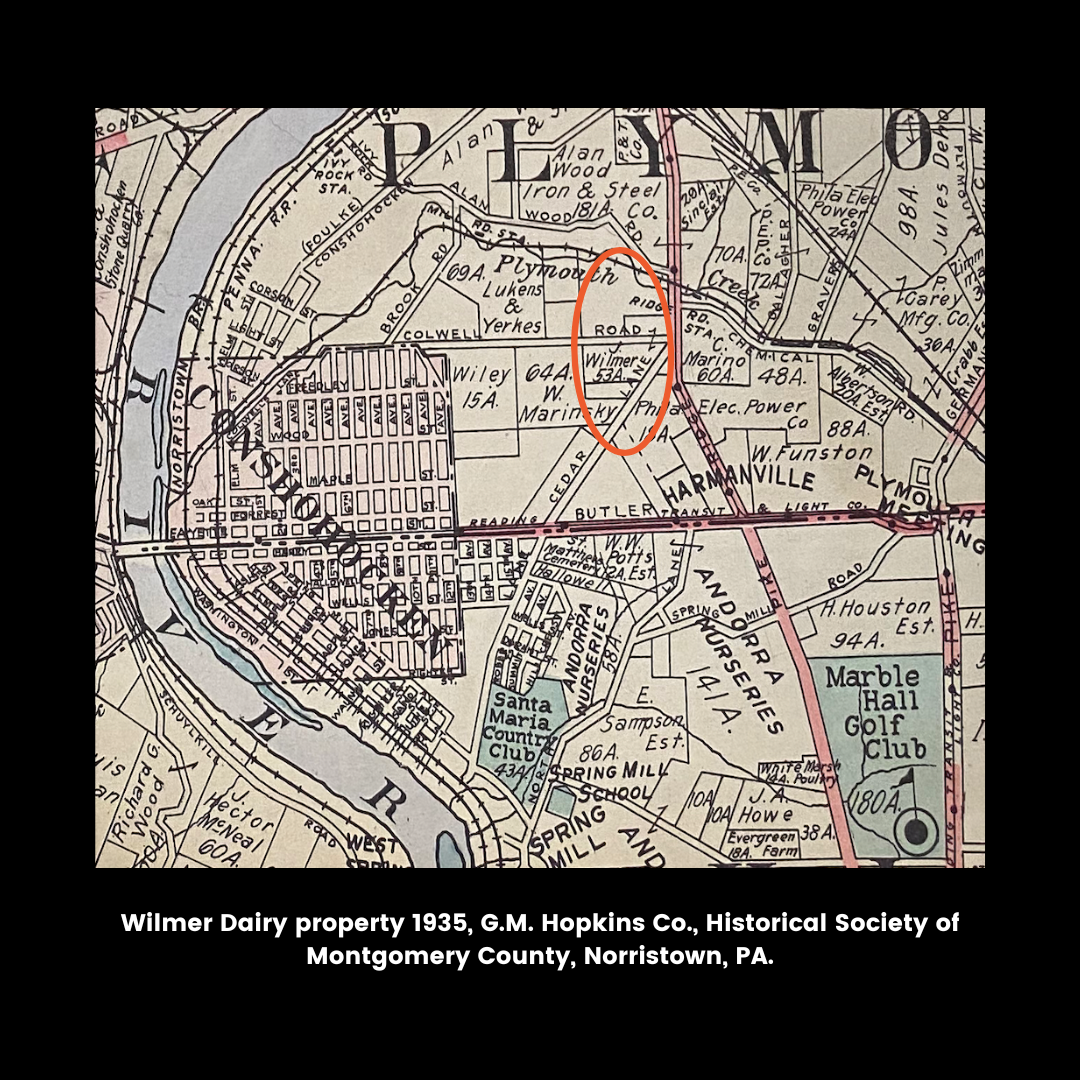 Map with a red circle showing the property of J.Wilmer, 53 acres, along Colwell Road and Cedar Lane, Plymouth Township, 1953.
