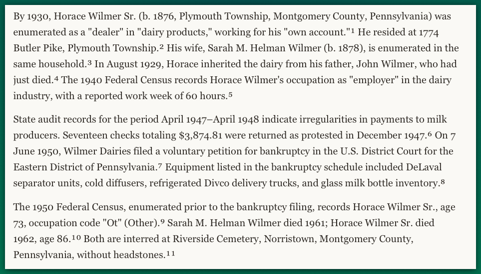 By 1930, Horace Wilmer Sr. (b. 1876, Plymouth Township, Montgomery County, Pennsylvania) was enumerated as a "dealer" in "dairy products," working for his "own account."¹ He resided at 1774 Butler Pike, Plymouth Township.² His wife, Sarah M. Helman Wilmer (b. 1878), is enumerated in the same household.³ In August 1929, Horace inherited the dairy from his father, John Wilmer, who had just died.⁴ The 1940 Federal Census records Horace Wilmer's occupation as "employer" in the dairy industry, with a reported work week of 60 hours.⁵  State audit records for the period April 1947–April 1948 indicate irregularities in payments to milk producers. Seventeen checks totaling $3,874.81 were returned as protested in December 1947.⁶ On 7 June 1950, Wilmer Dairies filed a voluntary petition for bankruptcy in the U.S. District Court for the Eastern District of Pennsylvania.⁷ Equipment listed in the bankruptcy schedule included DeLaval separator units, cold diffusers, refrigerated Divco delivery trucks, and glass milk bottle inventory.⁸  The 1950 Federal Census, enumerated prior to the bankruptcy filing, records Horace Wilmer Sr., age 73, occupation code "Ot" (Other).⁹ Sarah M. Helman Wilmer died 1961; Horace Wilmer Sr. died 1962, age 86.¹⁰ Both are interred at Riverside Cemetery, Norristown, Montgomery County, Pennsylvania, without headstones.¹¹