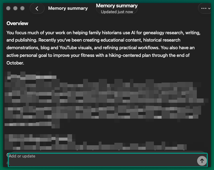 Screenshot of the Memory Summary screen in ChatGPT showing how to add and update memories of the user.