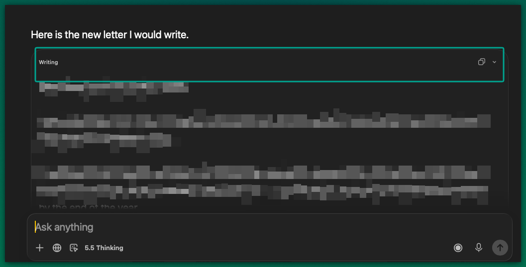 Screenshot of ChatGPT with the new writing block feature inside of chat.