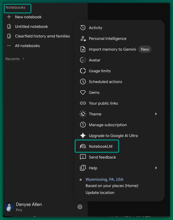 Screenshot showing the Notebooks feature in Google Gemini AI