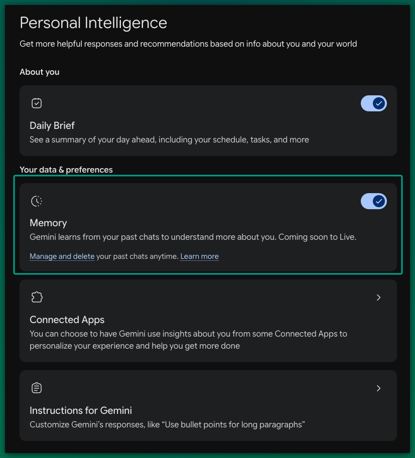 Screenshot of the Personal intelligence screen in Google Gemini AI.