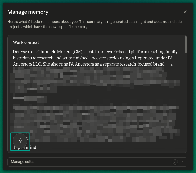 Screenshot of the manage memory function in Claude AI showing where to click to edit.