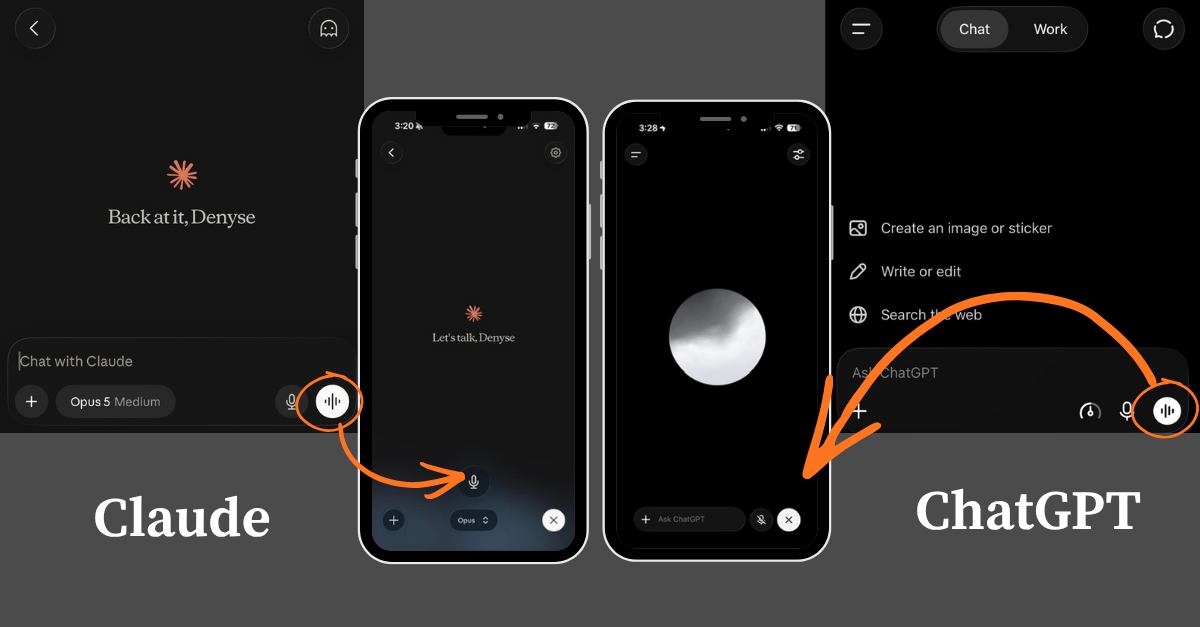 Image showing where to tap to begin voice mode in Claude and ChatGPT, along with the voice mode screen for each app.
