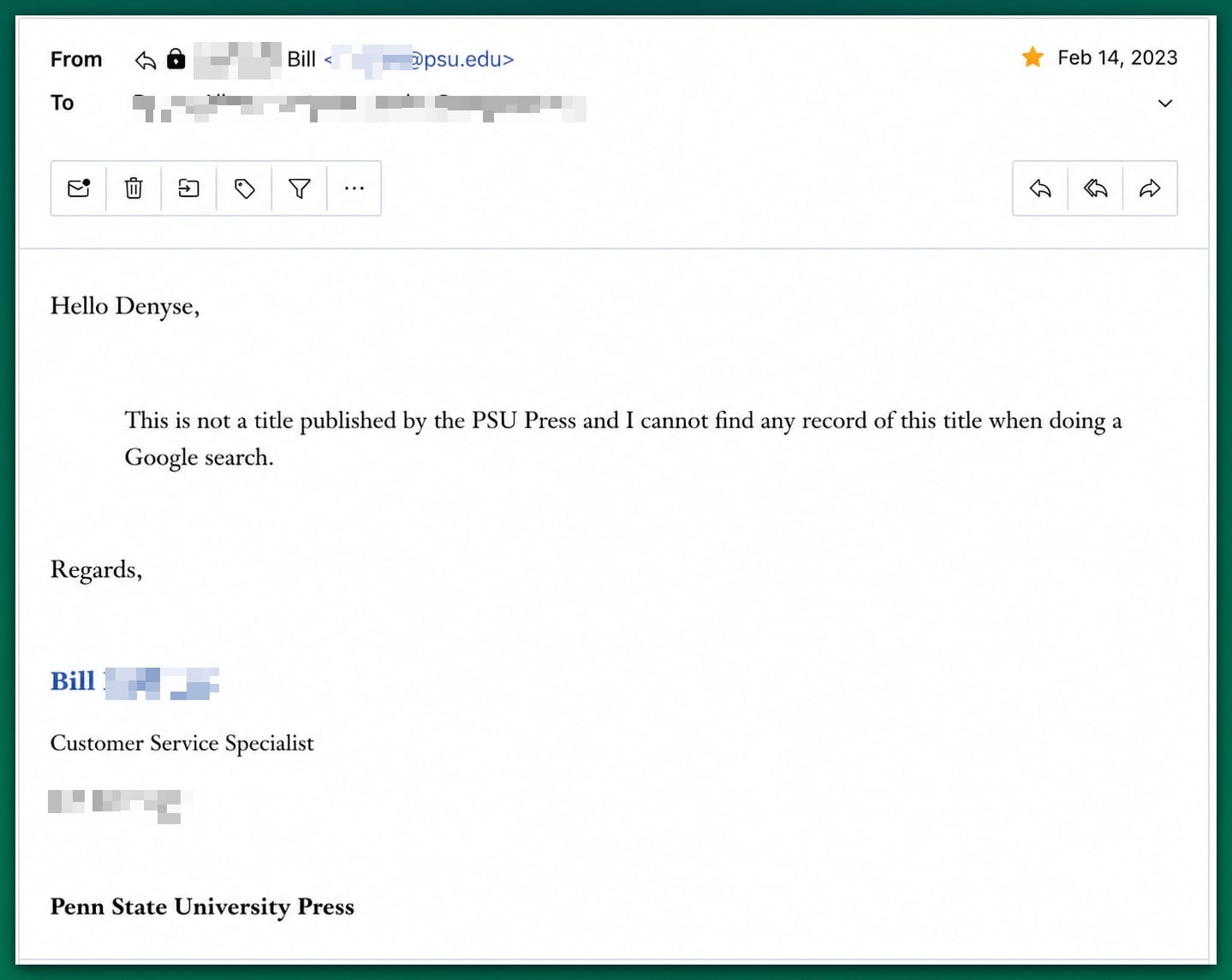 Hello Denyse, This is not a title published by the PSU Press and I cannot find any record of this title when doing a Google search. Regards, Bill Customer Service Specialist Penn State University Press