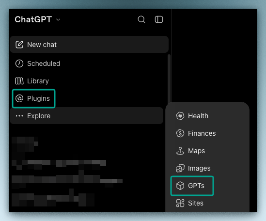 Where to find previously created GPTs now. Screenshot from chatgpt.com, October 1, 2026. Go to Explore in the left menu then click to find GPTs. Plugins are the replacement for GPTs.