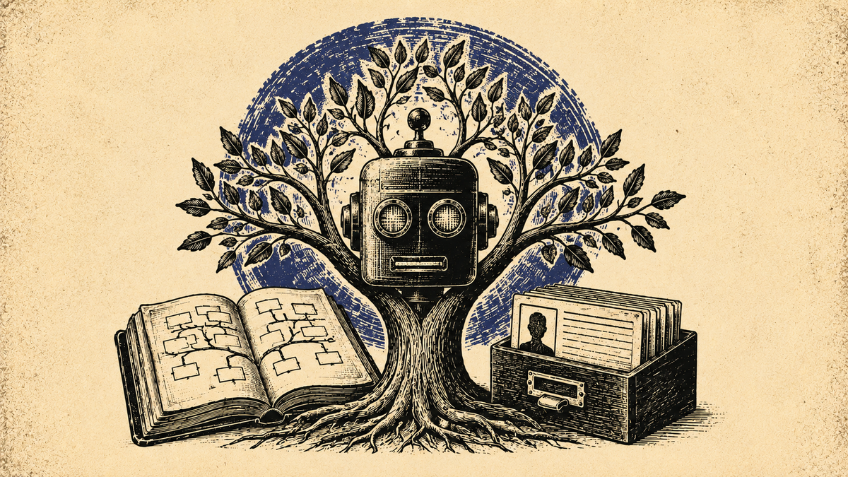 Wood cut image of family tree with a robot face in the middle. To the left is a family history and to the right index cards of ancestors.