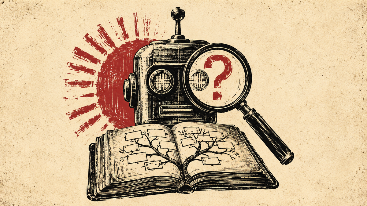 Wood cut design of a robot examining a family history book with a magnifying glass.