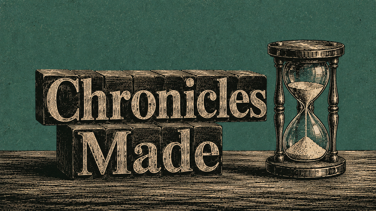 Wood cut block letters spelling Chronicles Made next to an hourglass.