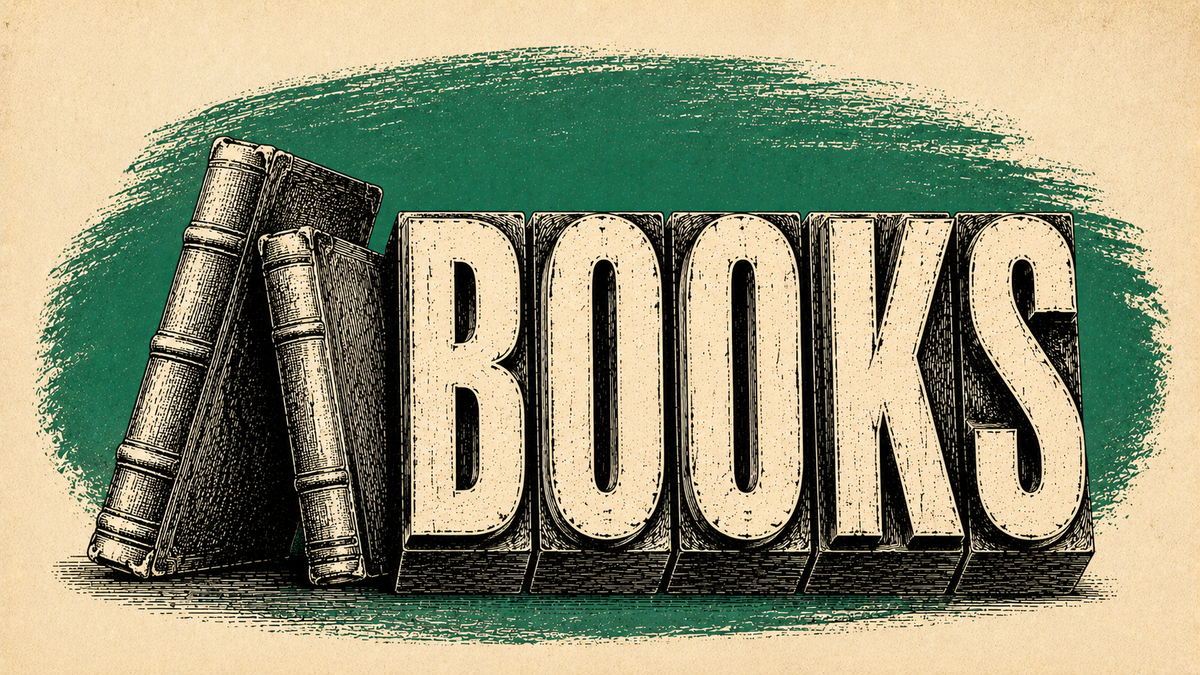 Wood cut letters spelling BOOKS with two books leaning against it.