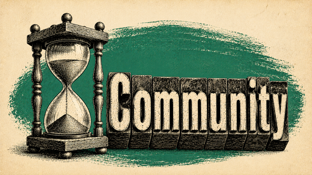 Wood cut image with hourglass next to the word Community.