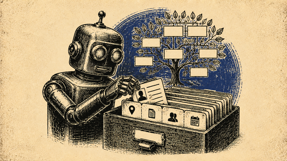 Wood cut image of a robot filing cards in a box of family history information.