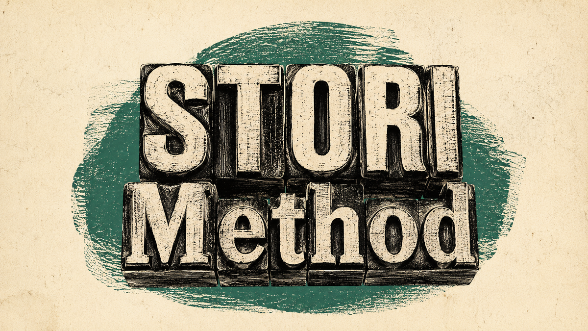 Wood cut letters spelling out STORI Method on a green background