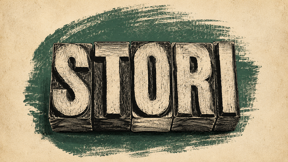 STORI letterpress block letters in vintage woodcut style — the five-step chronicle writing method by Chronicle Makers
