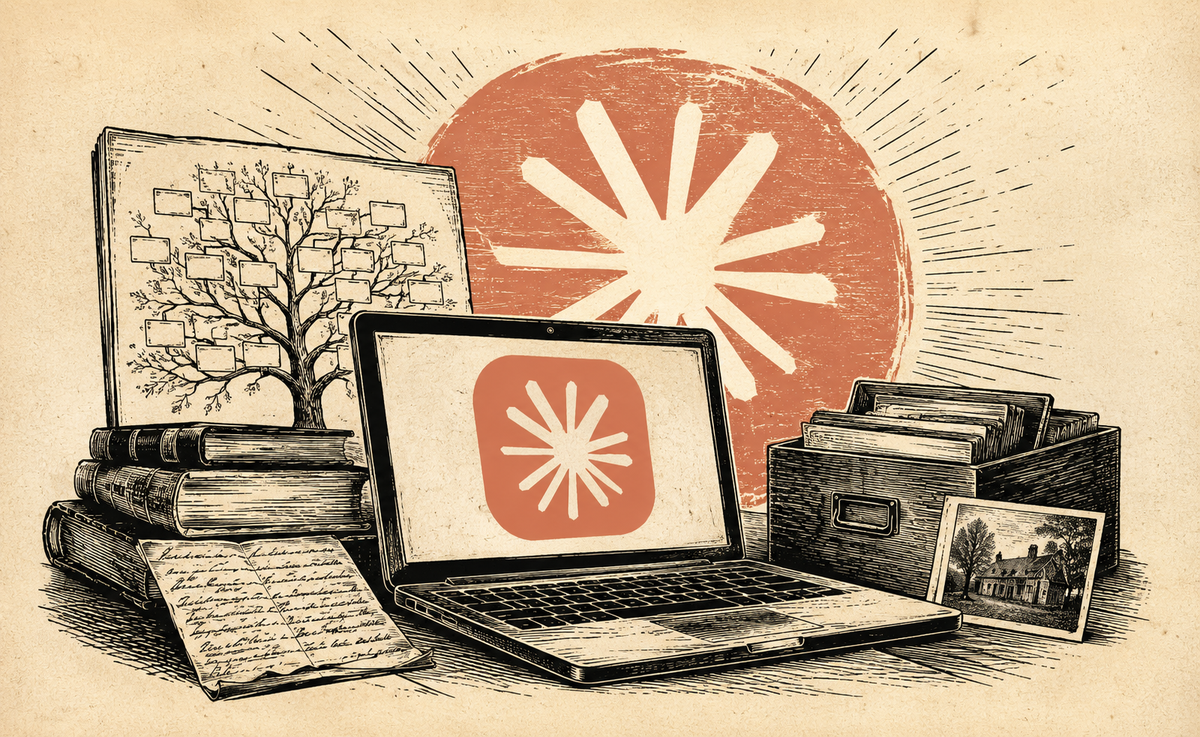 Wood cut image of laptop showing Claude logo surrounded by books and box of photos.