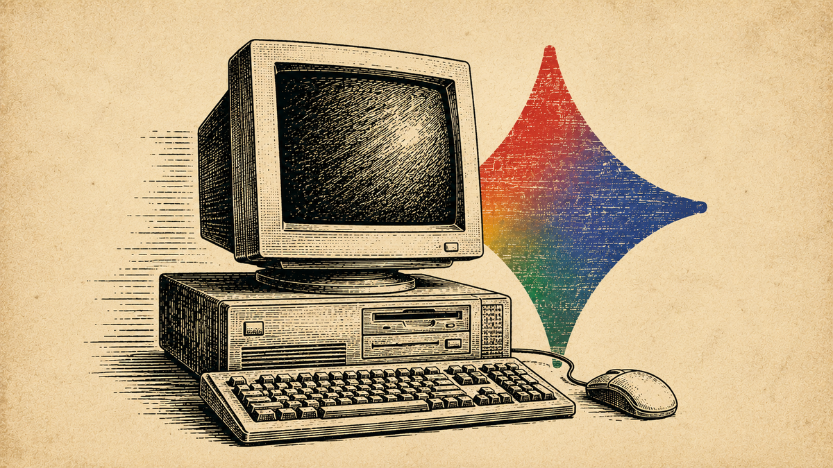 Wood cut image of a computer with the Google Gemini logo next to it.