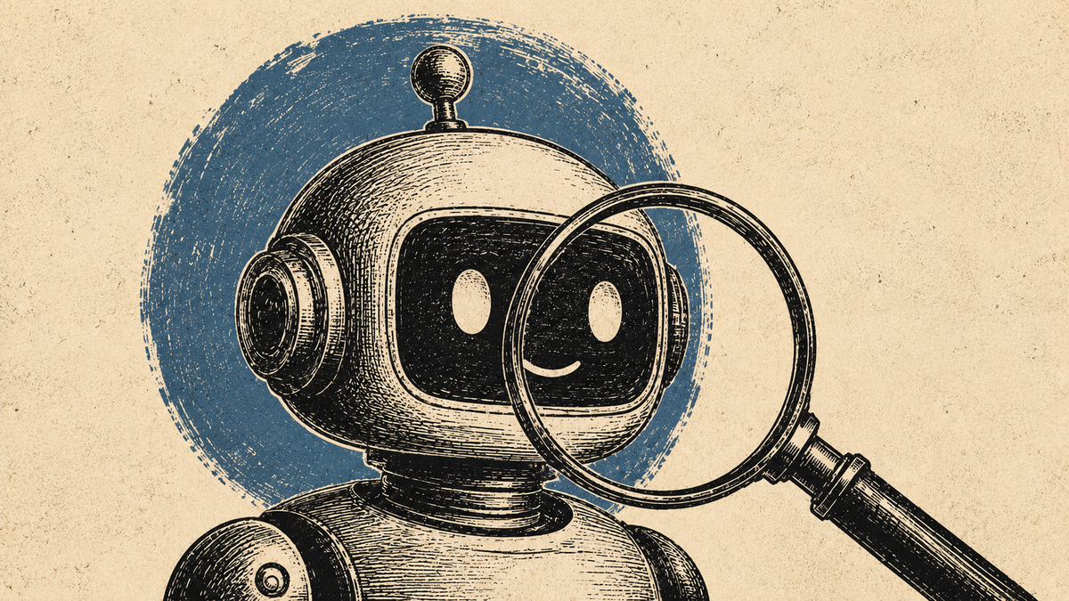 Woodcut image of a robot with a magnifying glass over his face.