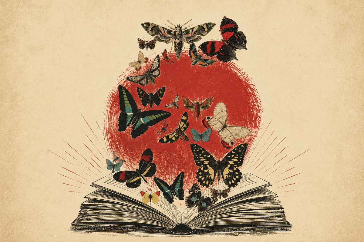 Wood cut image of butterflies and moths coming out of an open book.