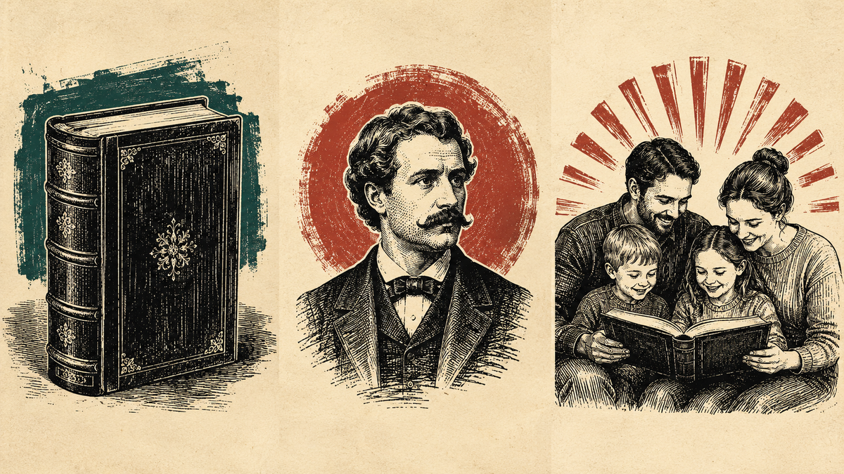 Wood cut images of a vintage book, a victorian man with a mustache, and a modern family of 4 gathering around reading a book together.