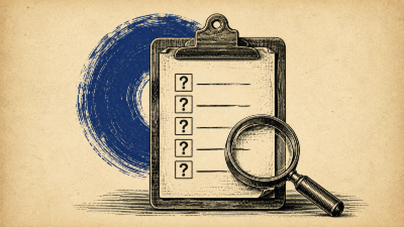 Wood cut image of a clip board with five question marks with a magnifying glass laying on top