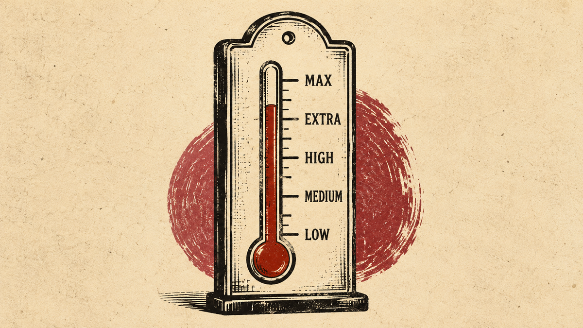 Wood cut image of a thermometer showing low, medium, high, extra, and max instead of numbers.