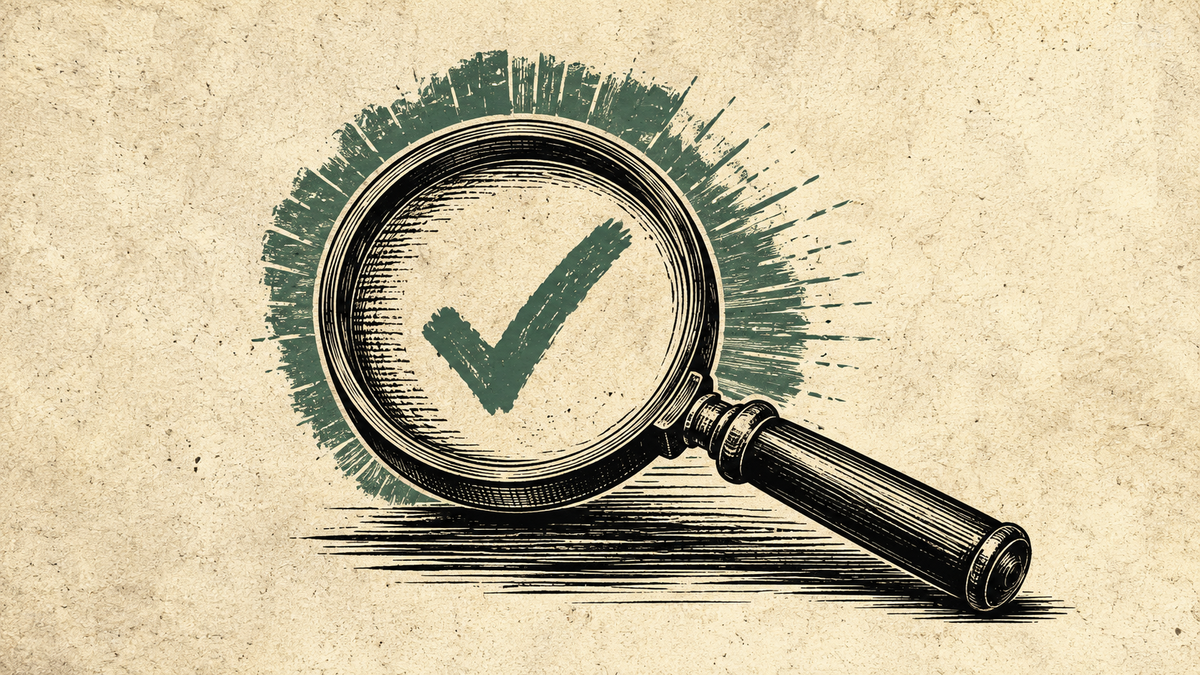Wood cut image of a magnifying class with a check mark in the middle.