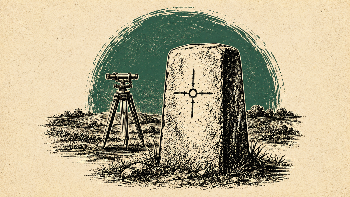 Woodcut image of a boundary marker and surveyors equipment on a cleared ground.