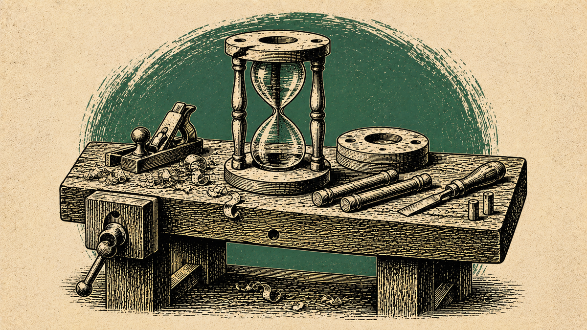 Woodcut of a workbench holding an unfinished hourglass and a scatter of shavings — the Making Process is the record of how a family history got written.